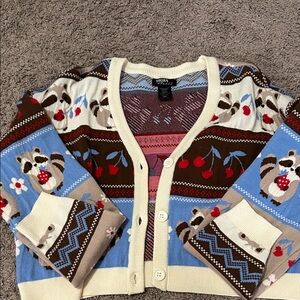 Hot Topic Cream, Blue & Brown Raccoon Cherry Pattern Cardigan